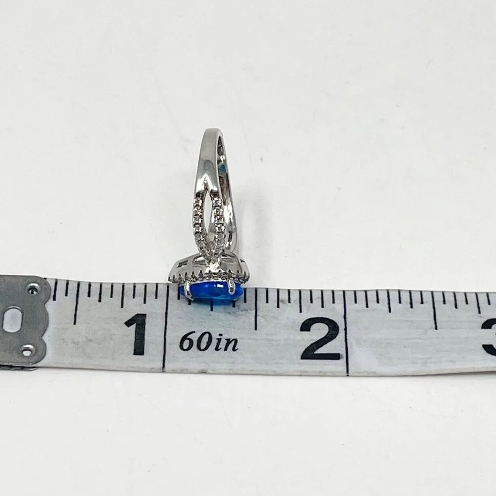 925 Sterling Silver Blue & Clear Cubic Zirconia Dinner Cocktail Ring Size 7
